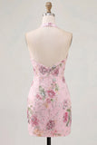 Floral Pink Bodycon Halter Neck Short Cocktail Dress