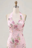 Floral Pink Bodycon Halter Neck Short Cocktail Dress