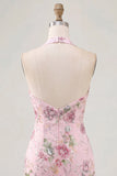 Floral Pink Bodycon Halter Neck Short Cocktail Dress