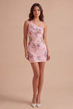 One Shoulder Floral Pink Bodycon Short Cocktail Dress