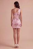 One Shoulder Floral Pink Bodycon Short Cocktail Dress