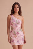 One Shoulder Floral Pink Bodycon Short Cocktail Dress