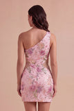 One Shoulder Floral Pink Bodycon Short Cocktail Dress