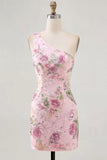 One Shoulder Floral Pink Bodycon Short Cocktail Dress