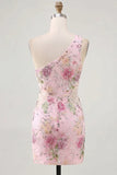 One Shoulder Floral Pink Bodycon Short Cocktail Dress