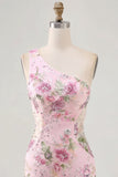 One Shoulder Floral Pink Bodycon Short Cocktail Dress