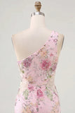 One Shoulder Floral Pink Bodycon Short Cocktail Dress