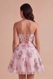 A Line Floral Corset Pink Sparkly Short Cocktail Dress