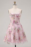 A Line Floral Corset Pink Sparkly Short Cocktail Dress
