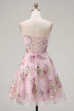 A Line Floral Corset Pink Sparkly Short Cocktail Dress