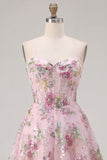A Line Floral Corset Pink Sparkly Short Cocktail Dress