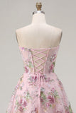 A Line Floral Corset Pink Sparkly Short Cocktail Dress