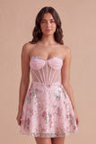 Pink Floral Backless Corset Short Cocktail Dress