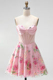 Pink Floral Backless Corset Short Cocktail Dress