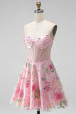 Pink Floral Backless Corset Short Cocktail Dress