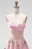 Pink Floral Backless Corset Short Cocktail Dress