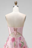 Pink Floral Backless Corset Short Cocktail Dress
