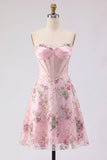 Pink Floral Backless Corset Short Cocktail Dress
