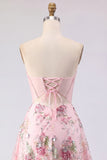 Pink Floral Backless Corset Short Cocktail Dress