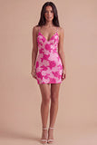 Fuchsia Floral Bodycon Short Cocktail Party Dress