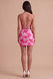 Fuchsia Floral Bodycon Short Cocktail Party Dress