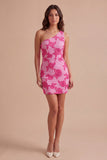 Yellow Floral Bodycon One Shoulder Short Cocktail Party Dress