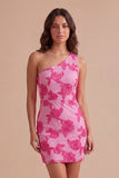 Yellow Floral Bodycon One Shoulder Short Cocktail Party Dress