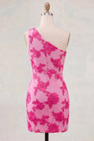 Yellow Floral Bodycon One Shoulder Short Cocktail Party Dress