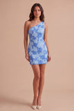 Yellow Floral Bodycon One Shoulder Short Cocktail Party Dress