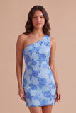 Yellow Floral Bodycon One Shoulder Short Cocktail Party Dress