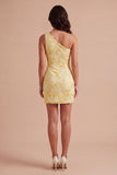 Yellow Floral Bodycon One Shoulder Short Cocktail Party Dress