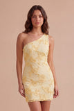 Yellow Floral Bodycon One Shoulder Short Cocktail Party Dress