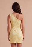 Yellow Floral Bodycon One Shoulder Short Cocktail Party Dress