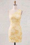 Yellow Floral Bodycon One Shoulder Short Cocktail Party Dress