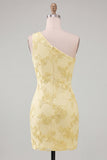Yellow Floral Bodycon One Shoulder Short Cocktail Party Dress