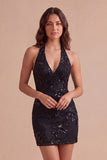 Light Blue Floral Bodycon Halter Neck Short Cocktail Party Dress