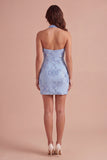 Light Blue Floral Bodycon Halter Neck Short Cocktail Party Dress