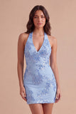 Light Blue Floral Bodycon Halter Neck Short Cocktail Party Dress
