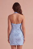 Light Blue Floral Bodycon Halter Neck Short Cocktail Party Dress