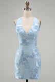 Light Blue Floral Bodycon Halter Neck Short Cocktail Party Dress