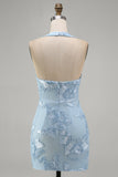 Light Blue Floral Bodycon Halter Neck Short Cocktail Party Dress