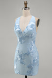 Light Blue Floral Bodycon Halter Neck Short Cocktail Party Dress