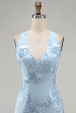 Light Blue Floral Bodycon Halter Neck Short Cocktail Party Dress