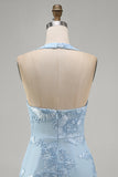 Light Blue Floral Bodycon Halter Neck Short Cocktail Party Dress