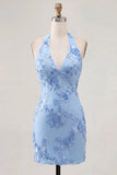 Light Blue Floral Bodycon Halter Neck Short Cocktail Party Dress