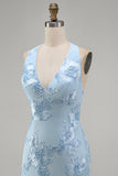 Light Blue Floral Bodycon Halter Neck Short Cocktail Party Dress
