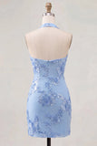 Light Blue Floral Bodycon Halter Neck Short Cocktail Party Dress