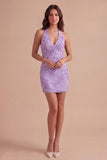 Light Blue Floral Bodycon Halter Neck Short Cocktail Party Dress