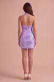 Light Blue Floral Bodycon Halter Neck Short Cocktail Party Dress