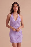 Light Blue Floral Bodycon Halter Neck Short Cocktail Party Dress
